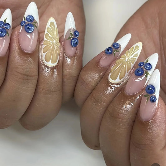 24pcs Summer Fresh Fake Nail Tips White Edge French Style Lemon Blueberry Ptinted Press On Nail Long Almond Korean False Nails