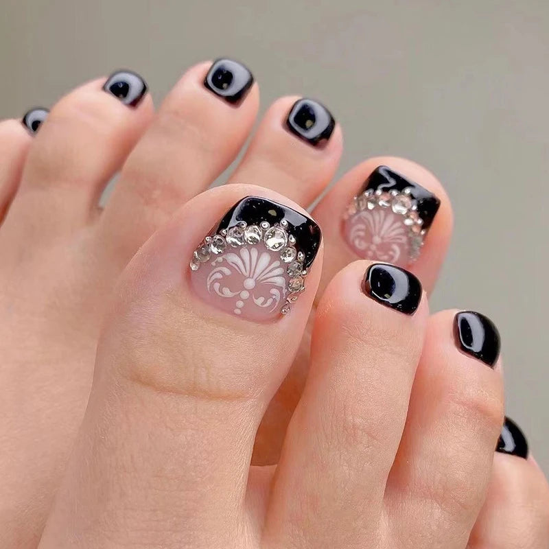 White French Nude Pink Short Fake Toenails Shiny Rhinestone Summer Flower Toe False Nails Detachable Press on Toenails with Glue