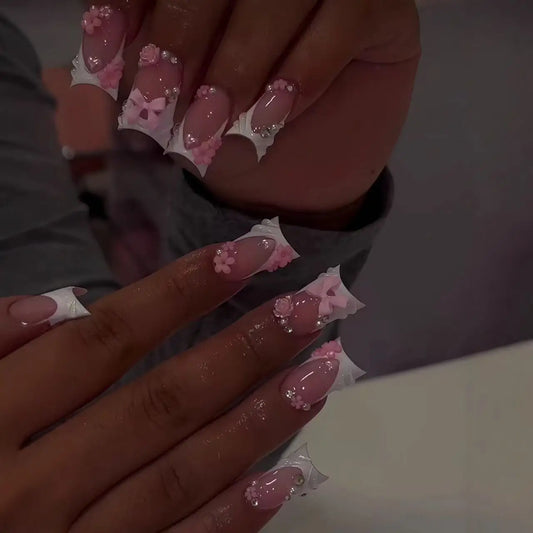 24Pcs Mid-length Duckbill Fake Nail 3D Flower Rhinestone Press on Nails Pink French False Nails Detachable Full Cover Nails Tips