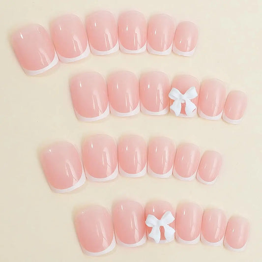 ARTAUG 96PCS Pressed French Square False Nails With Bow And Flash Diamond Designs Are Reusable Acrylic False Nails