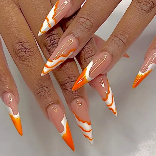 24Pcs Long Stiletto False Nails Leopard Print French Design Fake Nails Press on 3D Water Ripple Detachable Full Cover Nails Tips