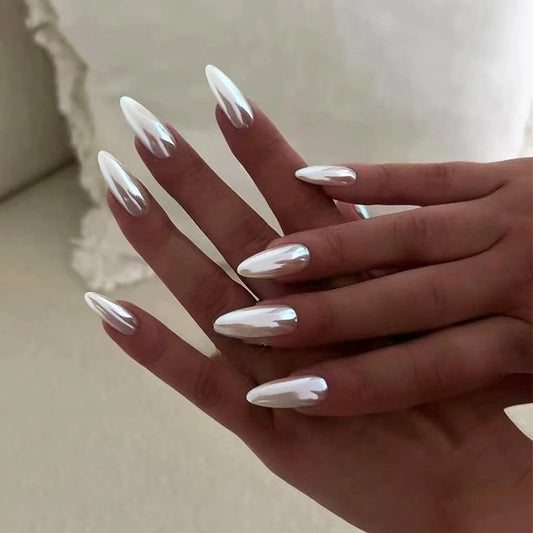 24pcs Simple False Nails Press on Nails Full Cover Glossy Solid Aurora Medium Almond Fake Nails Detachable Acrylic Manicure Tips