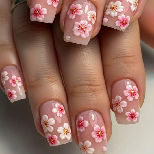 24Pcs Mid-length White French Sqaure Full Cover Nails Tips with Ink Wash Flower Press on False Nails Wearable Finished Fake Nail