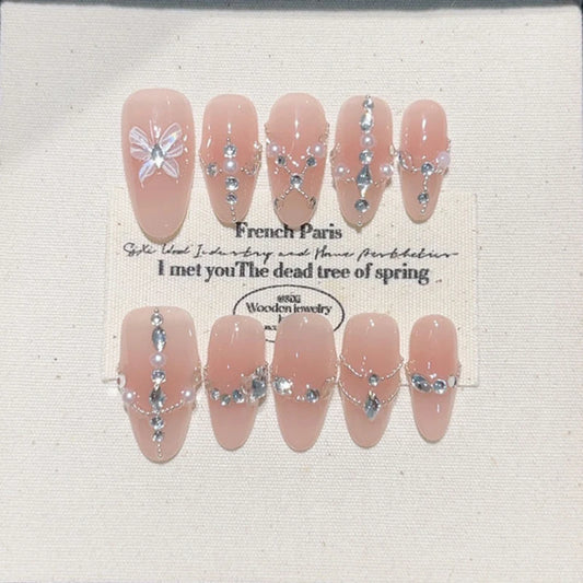 10Pcs Nude Cat Eye Short Almond Fake Nails with Glue Wearable Handmade Nail False Butterfly Diamond Design Press on Nail Tip Art