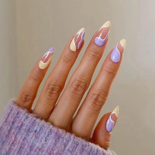 24Pcs/box Solid Color Orange-red Almond Press on Fake Nails Gold Ripple Stripes Artificial Nails Stickers Wearable Nail Tips Set