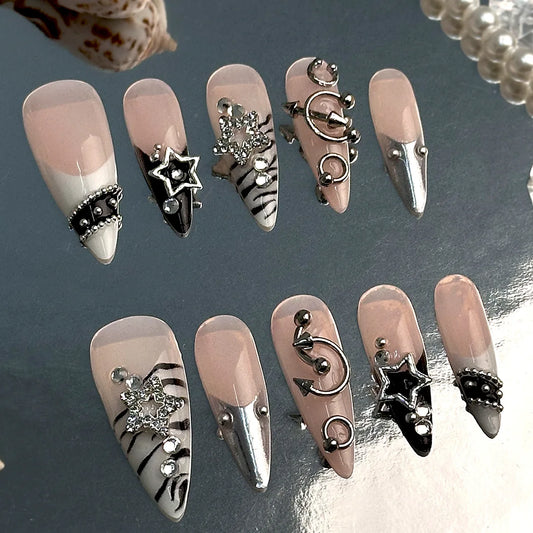 24pcs 3D Metal Punk Star Design Fake Nails Long Almond French Press on Nail European Gothic Punk Wearable Detachable False Nails