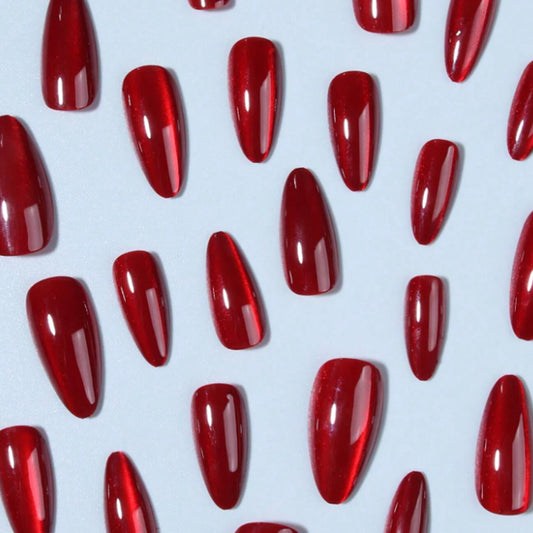 24PCS Medium Almond Fake Nails, Red Cat Eye Design, Sparkling Fake Nails, Handmade Full Coverage Acrylic Women'S Nail Art