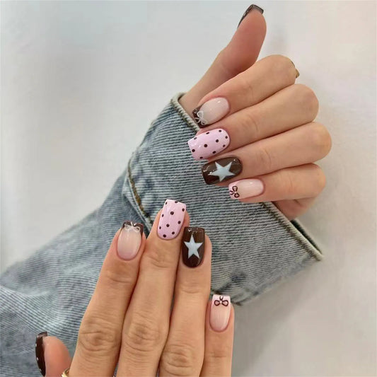 24pcs Short Square French Style Fake Nails Polka Dot Star Bowknots Decor Press On Nails Coffee Color Spring False Nail Tips