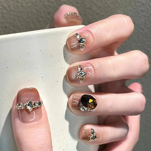 24Pcs Short Square Head Full Cover Nails Tips Pearl Rhinestone Fake Nails Shiny Powder Gradient Detachable Press on False Nails