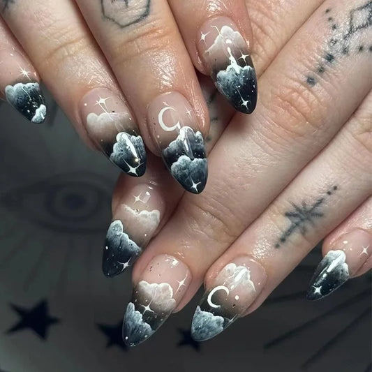 24pcs Almond False Nails Gradient Argent Tips Press on Nails Koi Flower Design Full Cover Nail Art Datachable Fake Nail Finished