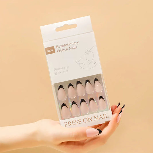 24Pcs Short Almond French False Nail Simple Solid French Design Mid-length Oval Press on Nails Wearable Fashion Acrylic Manicure