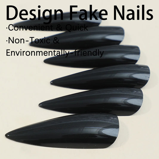 Transform Your Nails With 24pcs Extra Long Stiletto French Style Modern Classic Simple BLACK Solid Color Full Cover Fake Nail Ki