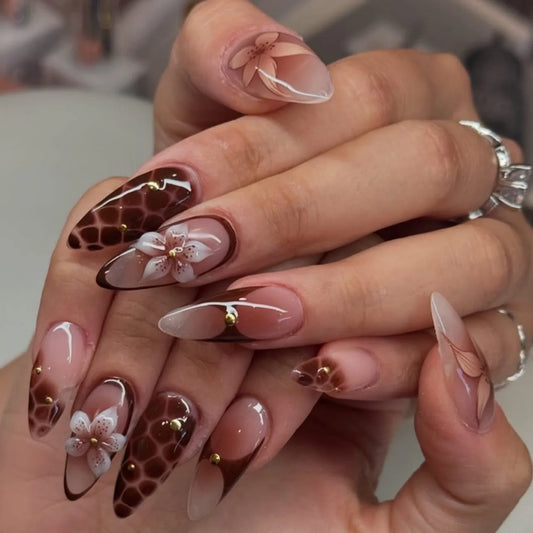 24pcs Simple Red Full Cover Nail Tips Fashion Short Almond Flower Design Press on False Nails Sets Datachable Fake Nail Finished