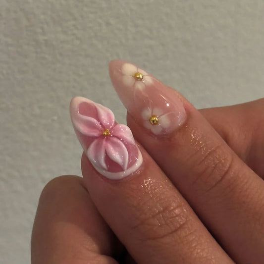 24pcs Mid-length Almond Press on Nails Sets Wearable Gradient Pink Flower Pearl Design False Nail French Fake Nail Finished Tips