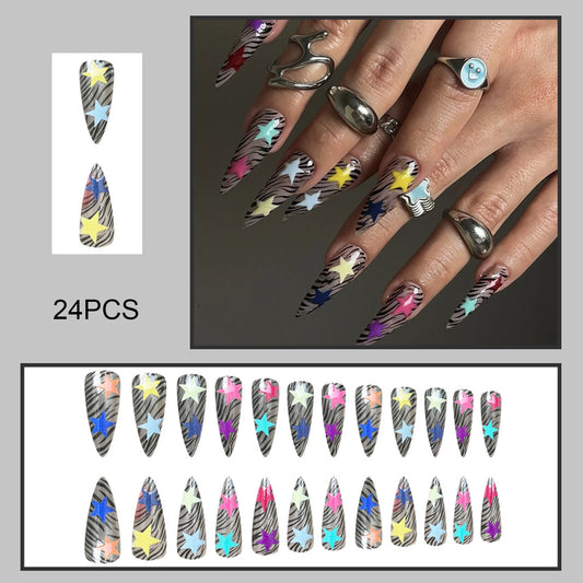 24pcs Sweet Cool Spicy Girls Fake Nails Black Leopard Printed Long Pointed False Nails With Colorful Star Designs Press On Nail