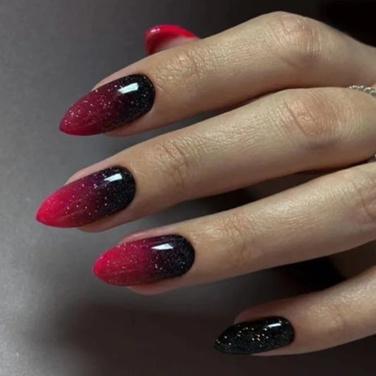 24pcs Shiny Powder Design False Nail Tip Blue Mid-length Almond Nails Set Press on Reusable Simple Round Fake Nails Art Manicure
