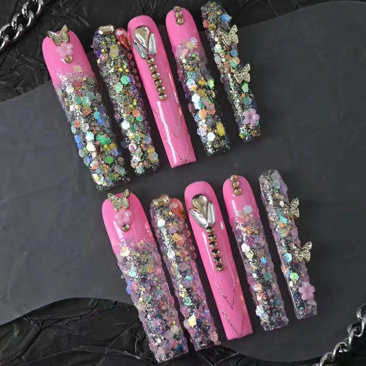 10pcs high-end Cute, sweet and cool style, with a dazzling three-dimensional diamond design handmade fake nails