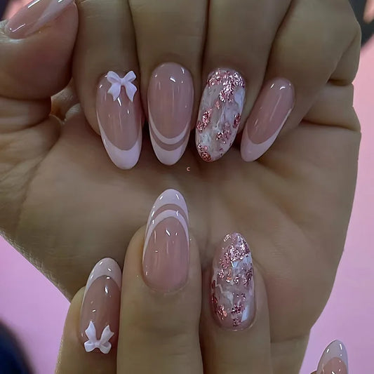 24pcs French Long Almond Fake Nails Tips with Bow Pearl Design False Nail Art Wearable Simple Pink Press on Nails Sets Manicure