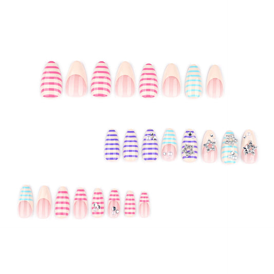 24pcs Y2k Almond Fake Nails Colorful Stripes French Style False Nail Metal Star Pearl Decor Press On Nails Spicy Girl Manicure
