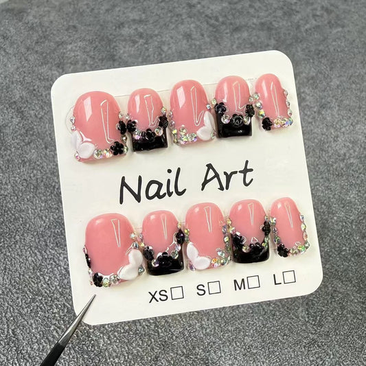 10pcs high-end Sweet and cool girl style, hand-painted three-dimensional patterns, dazzling chain and diamond handmade fake nail