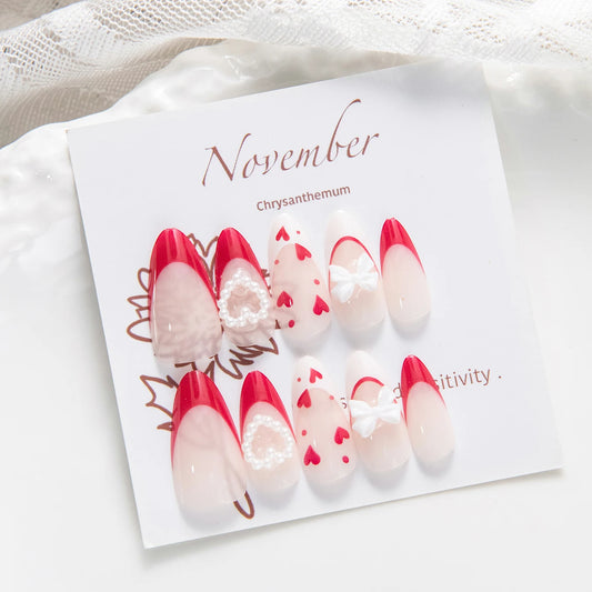 10PCS Long Almond Hand Pressed White French Pointed Nails 3d White Bow And Pearl Pressed Nails, Love Fully Covered Fake Nails