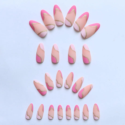 24PCS/ Almond fake nails instantly upgrade your look, pink and white set off by gold lines, simple and generous, suitable for fa