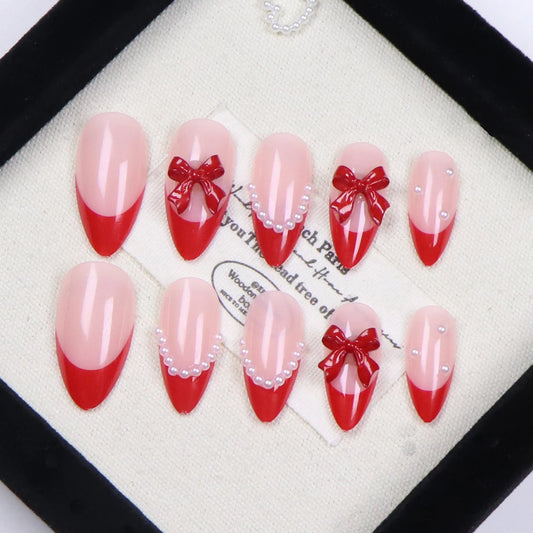 96PCS French Pointed Nail Medium Almond Fake Nail With Pearl And 3d Bow Design Fake Nail For Ladies And Girls Acrylic Nail