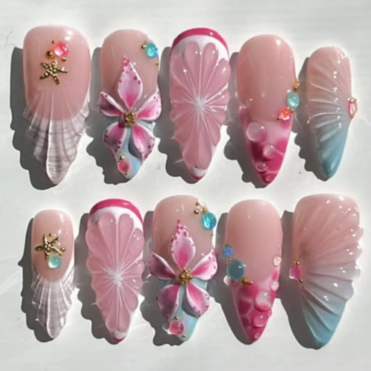 24pcs Sweet Fruit Full Cover Nail Tips Retro Plaid Pattern False Nails Sets Bow Pearl Design Long Almond Press on Fake Nails Art