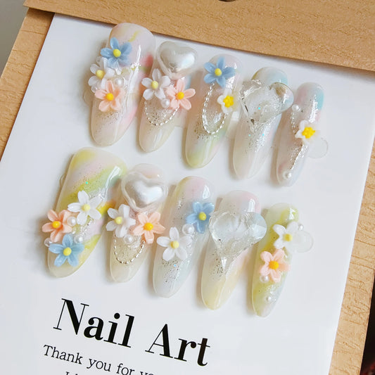 10pcs high-end Colorful flowers handmade fake nails, Light luxury long women with multi-color nail nail patch