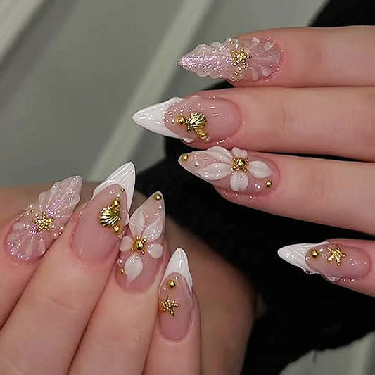 24Pcs Mid-length Gilded Almond Nails Set Press on 3D Flower Gradient Pink Full Cover False Nails Tips Pearl Reusable Fake Nails