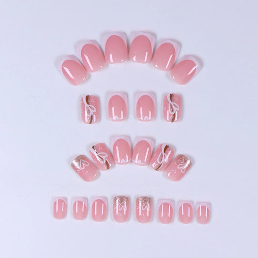 24PCS Medium Square Pressed Nail, White French Pointed Fake Nail, Gold Shiny Heart-Shaped Design, Valentine'S Day Nail