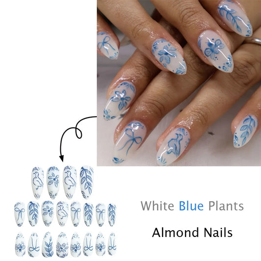 24pcs Gentle White Blue Almond Fake Nails Little Fresh Flower Plants Bowknots Printed Press On Nails Sweet Summer False Nail Tip