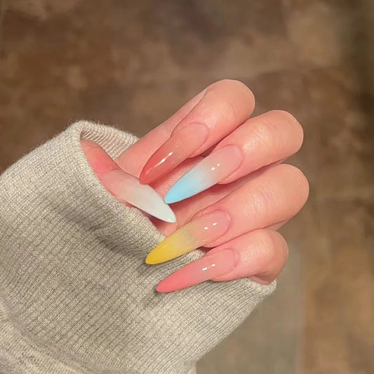 24Pcs Long French Almond Nails Set Press on Simple White Edge Design Fake Nails for Woman Detachable Full Cover False Nails Tips