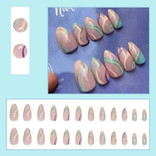 24pcs Short Almond Press on Nails Glossy Striped Print Fake Nails with Glue Full Cover Acrylic Oval False Nails with Design Tips