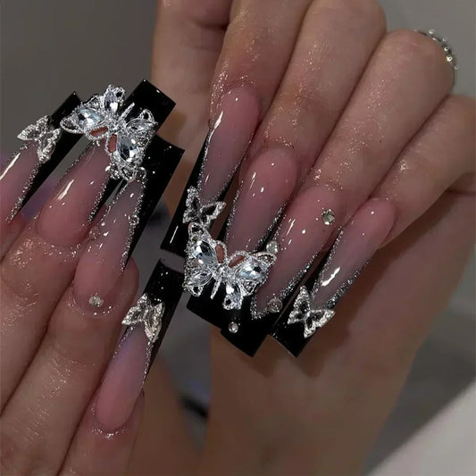 24Pcs Long Coffin False Nails with Glue Wearable Brown Fake Nails with Rhinestones Ballet Press on Nails Full Cover Nail Tips