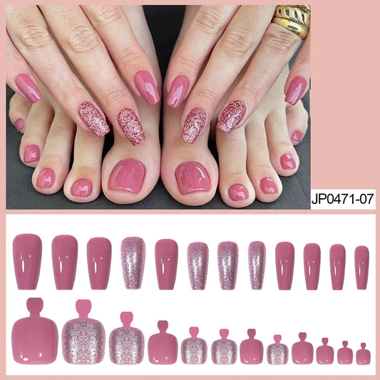 48Pcs Glitter Pink False Toenails Wearable Hand Feet Nail Art Set for Women Girl Artificial Nails Fake Nail Pieces WD
