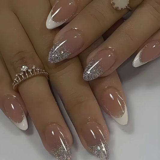 24pcs Round Almond Press on Nails Red Long False Nail Sets with Shiny Powder Design Nails Tips Reusable Simple Fake Nail Sets
