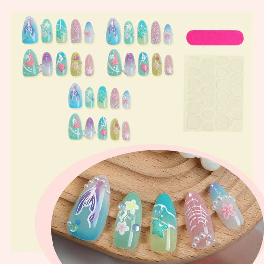 30pcs Summer Press on Nails 3D Ocean Starfish Shell Decor Fake Nail Tips Full Cover Wearable Gradient Blue Almond False Nails