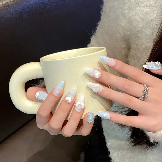 10pcs high-end Cute, sweet and cool style, blue three-dimensional ice-transparent bow cat paw heart handmade fake nails