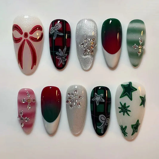 24pcs Christmas Fake Nails Sets French Shiny Powder Mid-length Almond False Nail Cane Bow Stick on Nail Art Pink Press on Nails