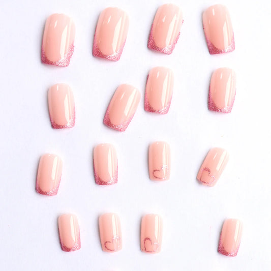 24PCS Medium Square Fake Nails, French Pointed Heart-Shaped Nails, Acrylic Nails Suitable For Gifts For Girls And Ladies