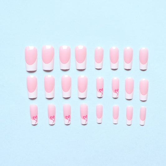 24PCS White French Edge Mid Length Square False Nails With Heart Design Fully Covered With Acrylic False Nails