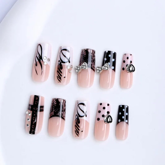 24Pcs Y2K Dark Medium Square False Nails Black Lace Cross French Polka Dot Press On Nails 3D Metallic Silver Bow Heart Nail Tips