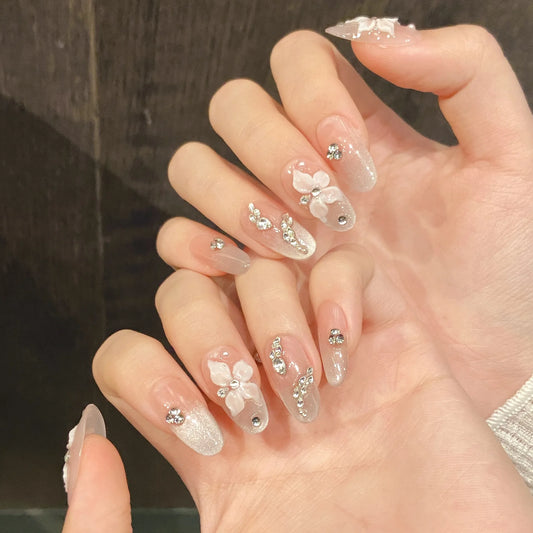 10Pcs Pink Shiny Cat Eye Sweet Lovely Nails Sticker 3D Flowers Almond Oval French Finished Fashion Fake Nail Full Cover Press On