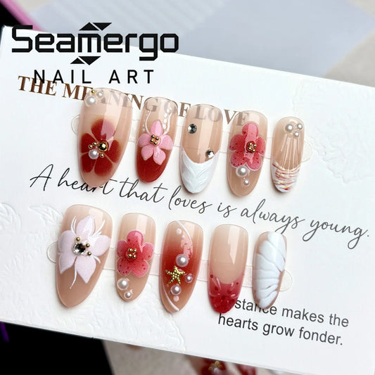 24PCS 3D Flower Shell Design False Nails Sweet Summer Series Fake Nail Pink Gradient Almond Press on Nails Starfish Pearl Nails