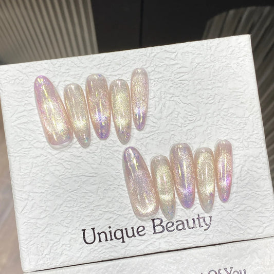 10pcs Glossy Gradient Cat-Eye Handmade Nails Fairy Tears Press on Nail Long Oval Full Coverage Nail Tip for Women&Girl Fake Nail