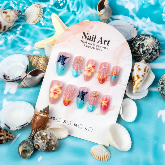 24PCS Ocean Theme Fake Nails Starfish Shell Hibiscus Print Almond Press on Nails Blue Pink Gradient False Nails for Summer Beach