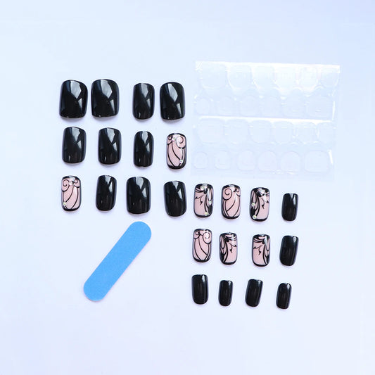 ARTAUG 24PCS Elevate Your Style With Short Square Black Press On Nails Lace Lacework Press On Nails Ballerina Girl Style Nails