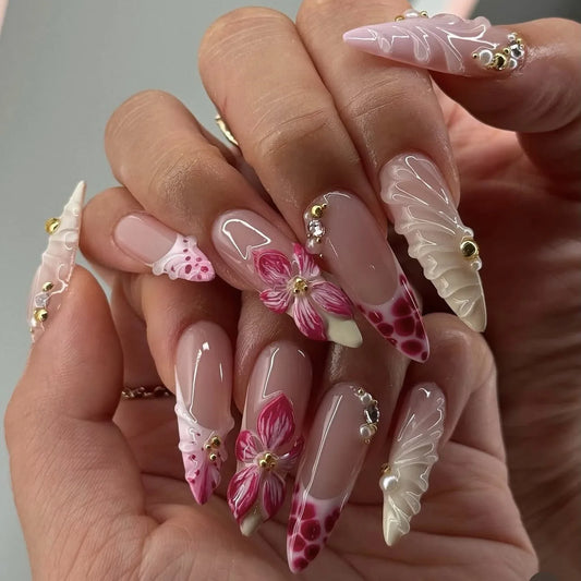 24pcs Reusable Blue Press on Nails Cat's Eye Gradient Long Almond False Nails Tips Sweet Flower Design Fake Nail Sets Manicure