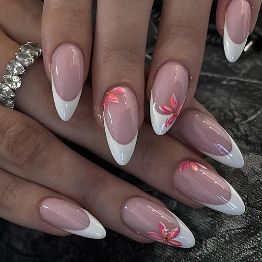 24pcs Simple Long Stiletto Press on False Nails Tips Fashion Cat's Eye French Almond Nails Art with Gilded Design Blue Fake Nail